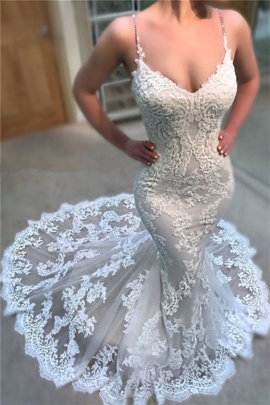 Charming V-Neck Long Mermaid Wedding Dress With Lace Appliques-BallBride