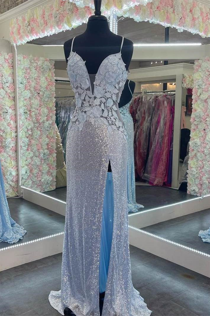Charming V Neck Mermaid Prom Dress with Appliques Split-BallBride
