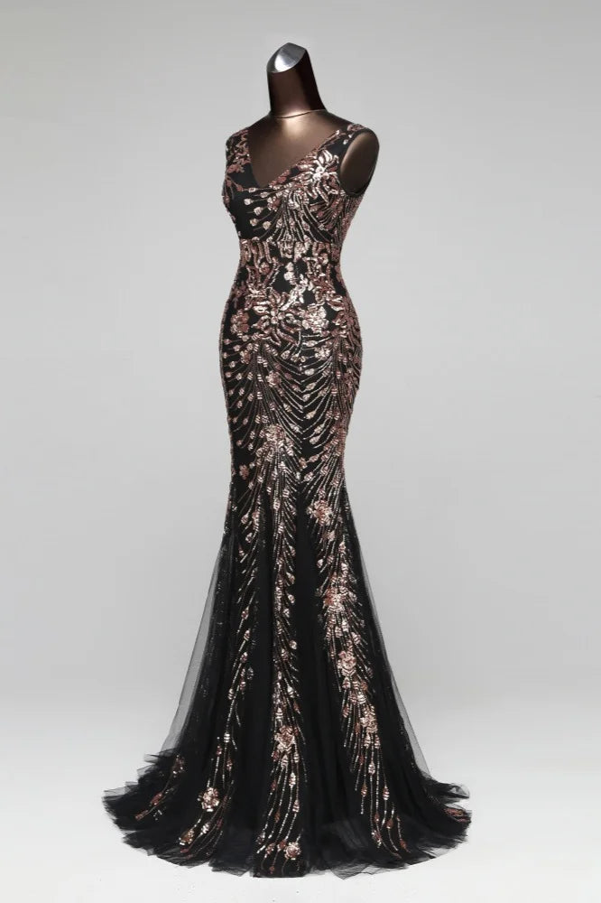 Charming V-Neck Sleeveless Sequins Prom Dress Long Mermaid Evening Party Gowns-BallBride