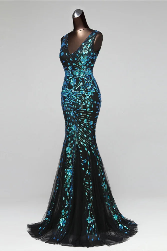 Charming V-Neck Sleeveless Sequins Prom Dress Long Mermaid Evening Party Gowns-BallBride