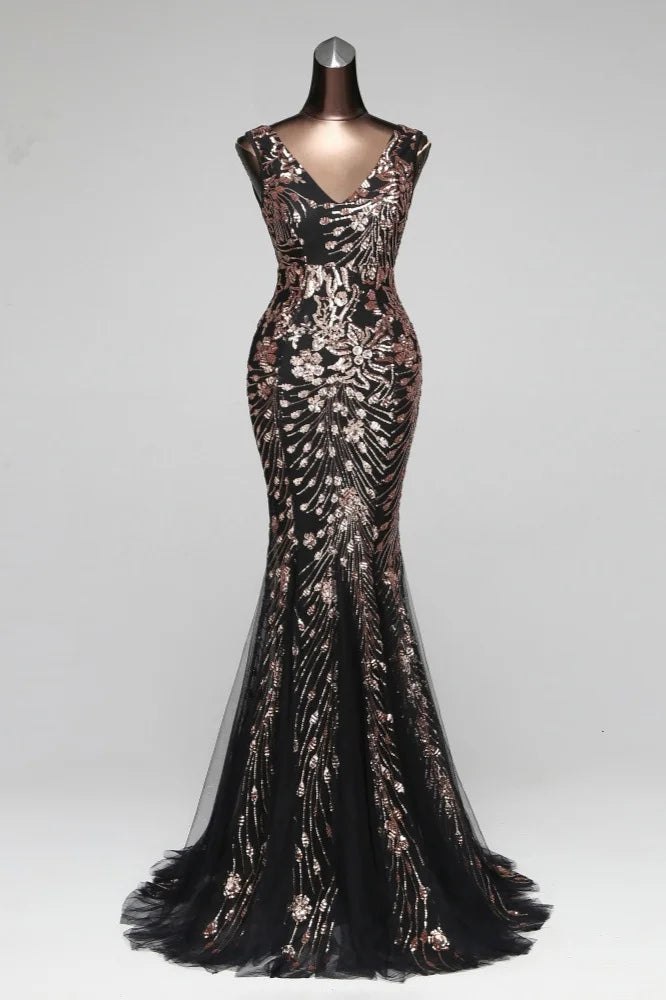 Charming V-Neck Sleeveless Sequins Prom Dress Long Mermaid Evening Party Gowns-BallBride