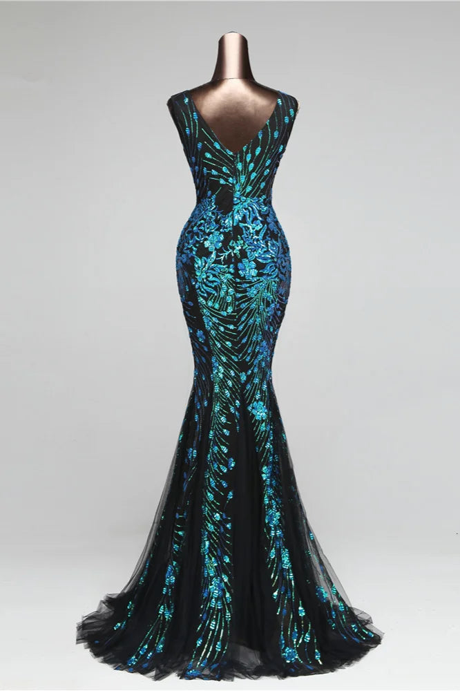 Charming V-Neck Sleeveless Sequins Prom Dress Long Mermaid Evening Party Gowns-BallBride