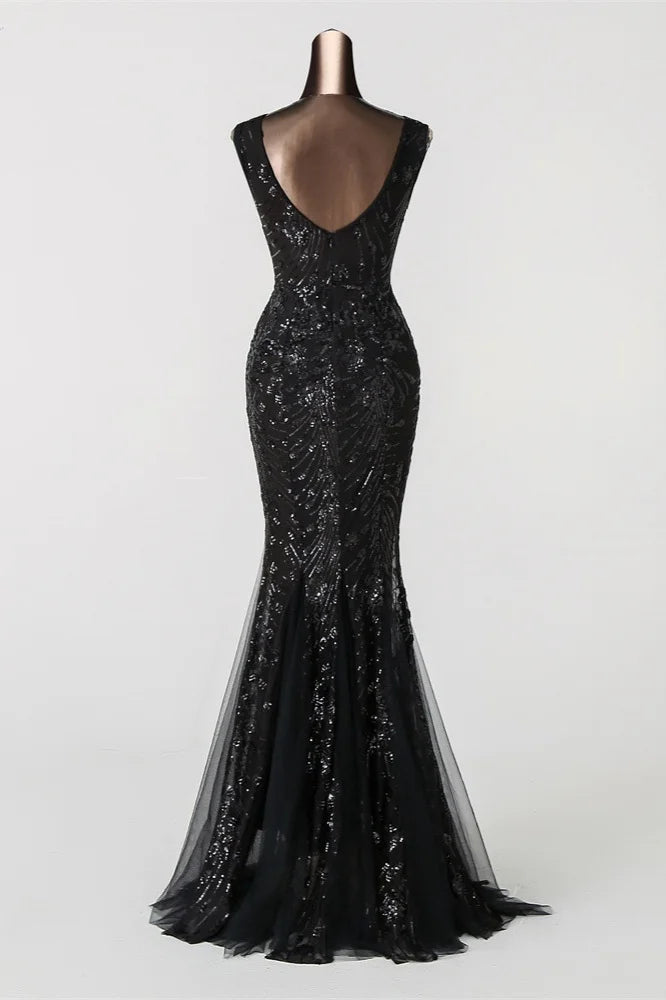 Charming V-Neck Sleeveless Sequins Prom Dress Long Mermaid Evening Party Gowns-BallBride