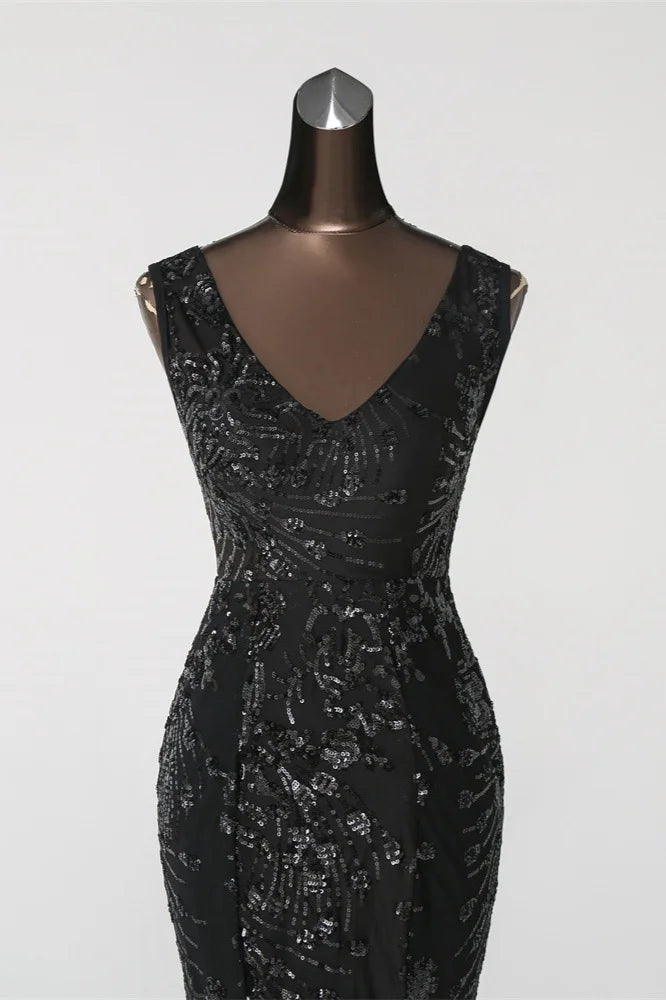 Charming V-Neck Sleeveless Sequins Prom Dress Long Mermaid Evening Party Gowns-BallBride