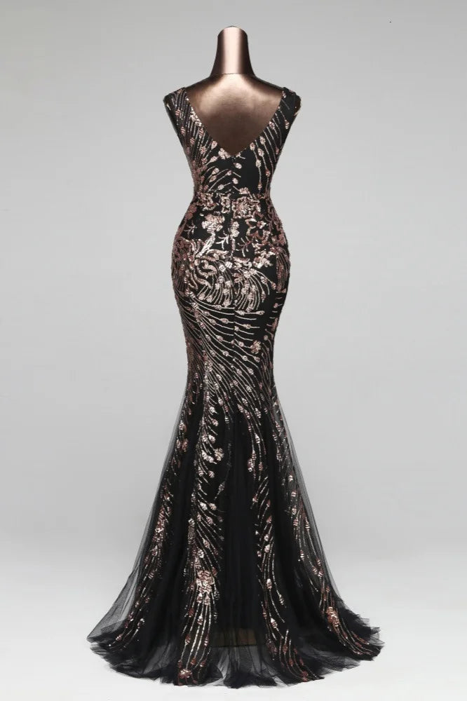 Charming V-Neck Sleeveless Sequins Prom Dress Long Mermaid Evening Party Gowns-BallBride