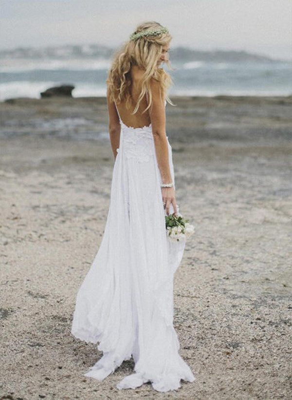 Chic A-line Princess V-neck Chiffon Sweep Train Wedding Dresses Split Front-Ballbride