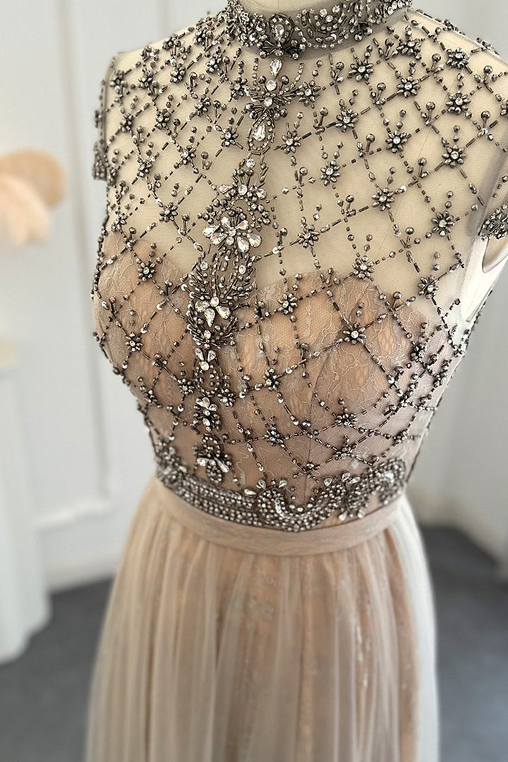 Chic A-Line Prom Dress with Champagne Jewel Neck and Tulle Diamond-Studded Detail-BallBride
