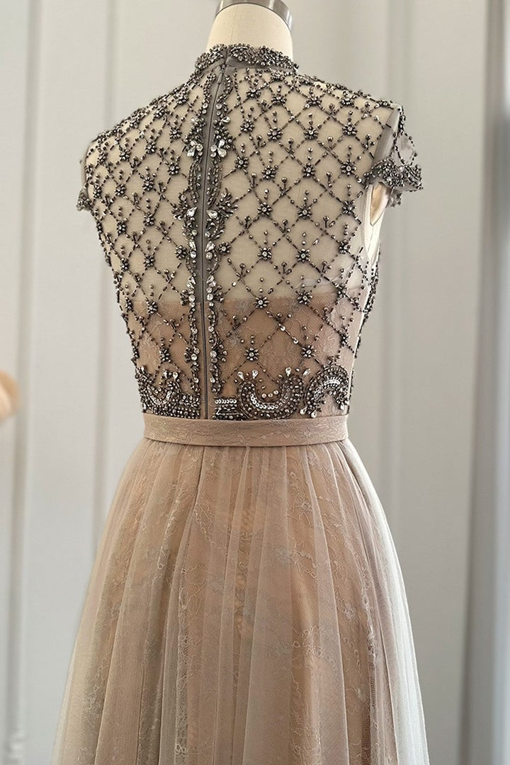 Chic A-Line Prom Dress with Champagne Jewel Neck and Tulle Diamond-Studded Detail-BallBride