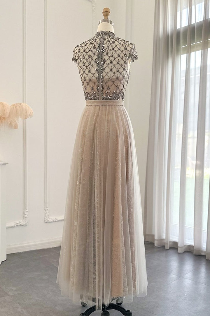 Chic A-Line Prom Dress with Champagne Jewel Neck and Tulle Diamond-Studded Detail-BallBride