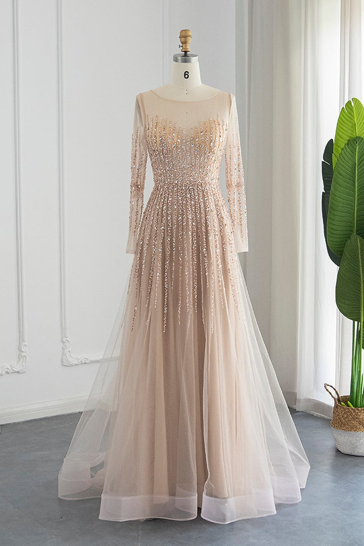 Chic A Line Prom Dress with Tulle and Appliques - Champagne Jewel Neck Long Sleeves-BallBride