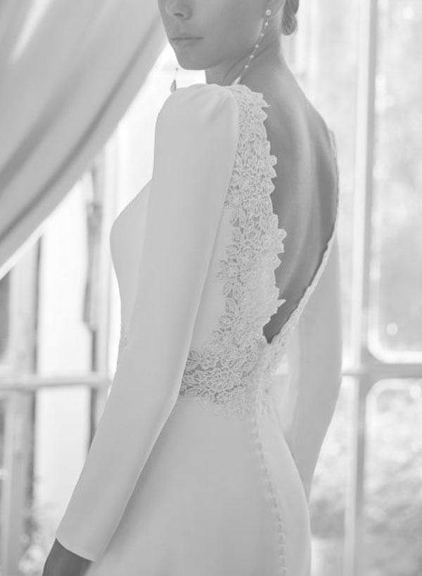 Chic A-line Scoop Neck Long Sleeves Court Train Elastic Satin Wedding Dresses Lace-Ballbride
