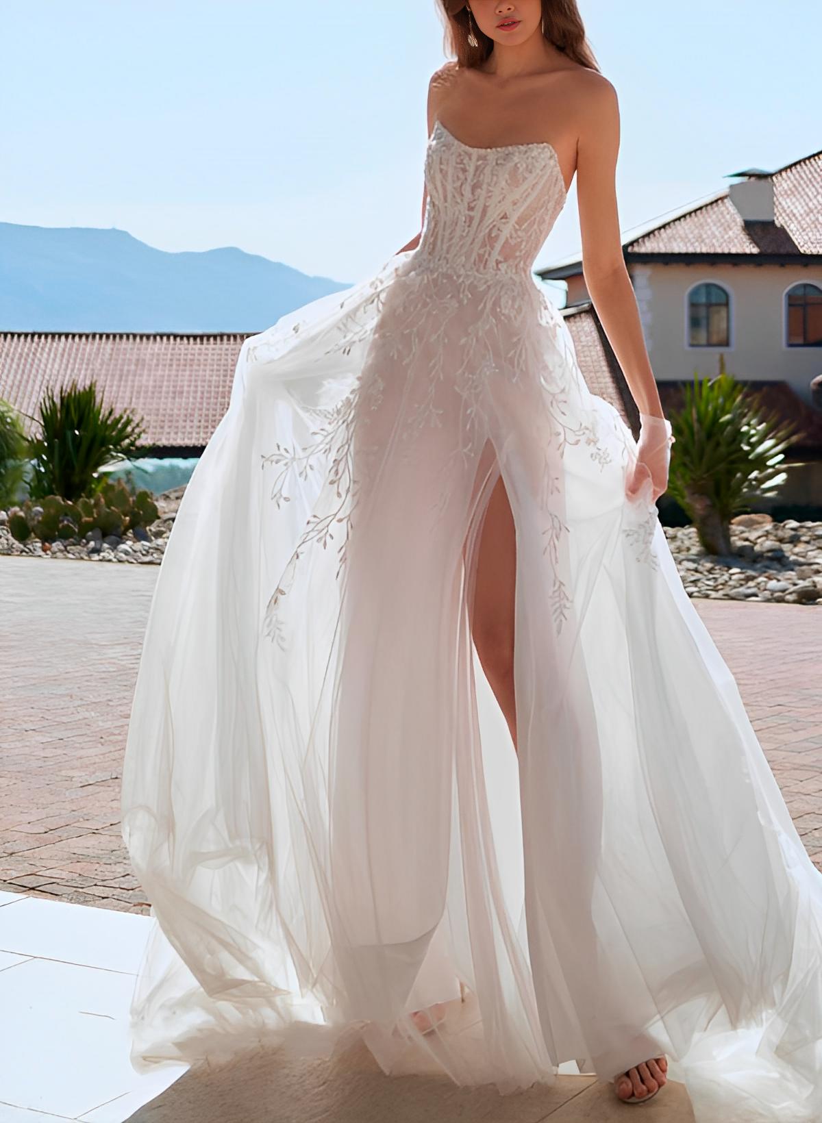 Chic A-line Strapless Sleeveless Court Train Tulle Wedding Dresses Front Split-Ballbride