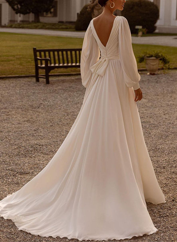 Chic A-line V-Neck Long Sleeves Sweep Train Chiffon Wedding Dresses Sash-Ballbride