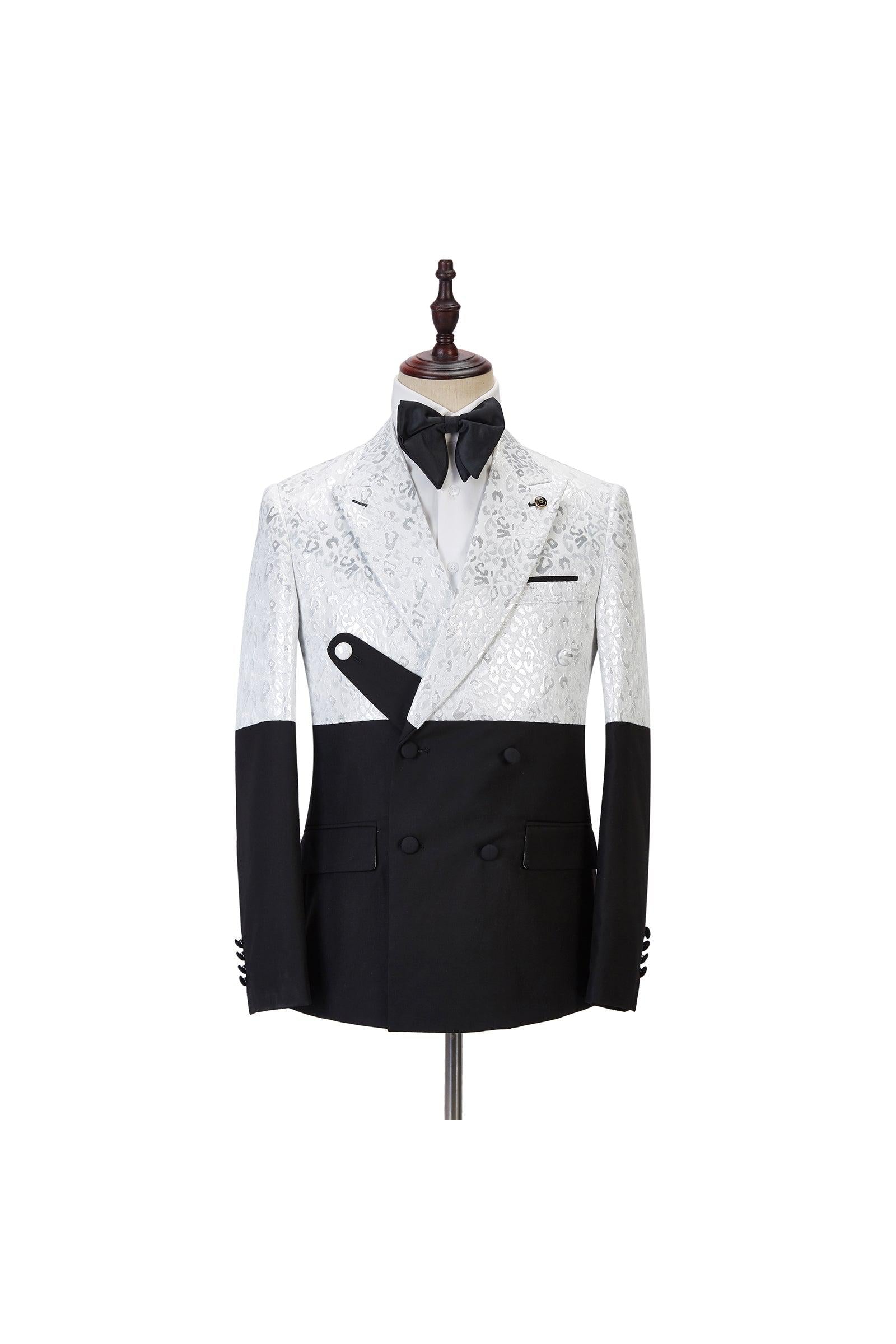 Chic Black and White Jacquard Peaked Lapel Wedding Suit For Men-BallBride
