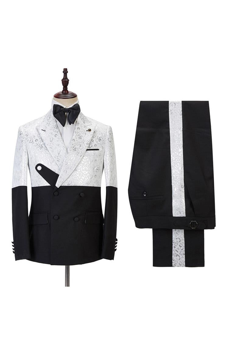 Chic Black and White Jacquard Peaked Lapel Wedding Suit For Men-BallBride