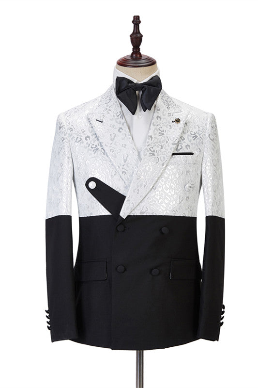 Chic Black and White Jacquard Peaked Lapel Wedding Suit For Men-BallBride