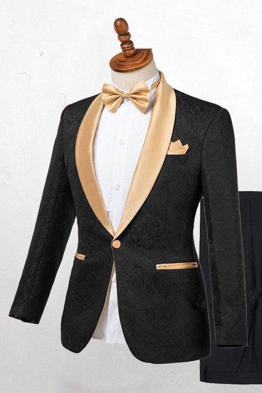 Chic Black Jacquard Tuxedo Wedding Suit with Gold Shawl Lapel-BallBride
