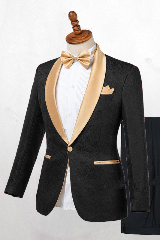 Chic Black Jacquard Tuxedo Wedding Suit with Gold Shawl Lapel-BallBride