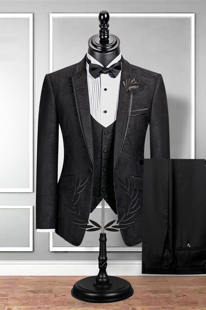 Chic Black Slim Fit Jacquard Wedding Suit For Men with Notched Lapel-BallBride
