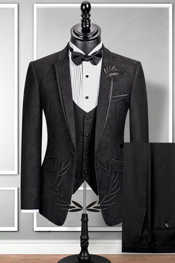 Chic Black Slim Fit Jacquard Wedding Suit For Men with Notched Lapel-BallBride