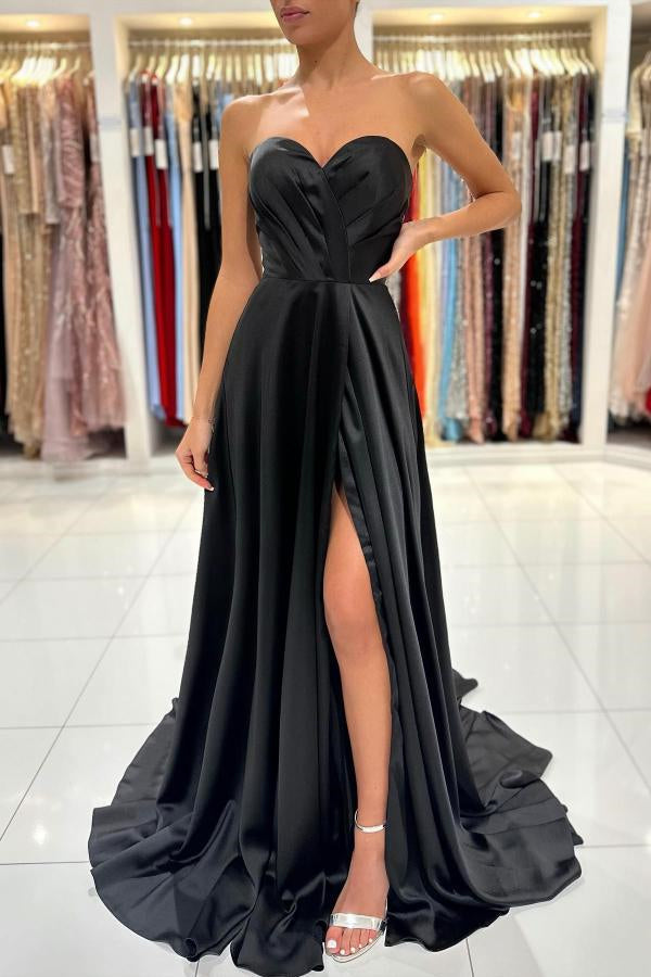 Chic Black Sweetheart Long Prom Dress with Split Zipper Back-BallBride