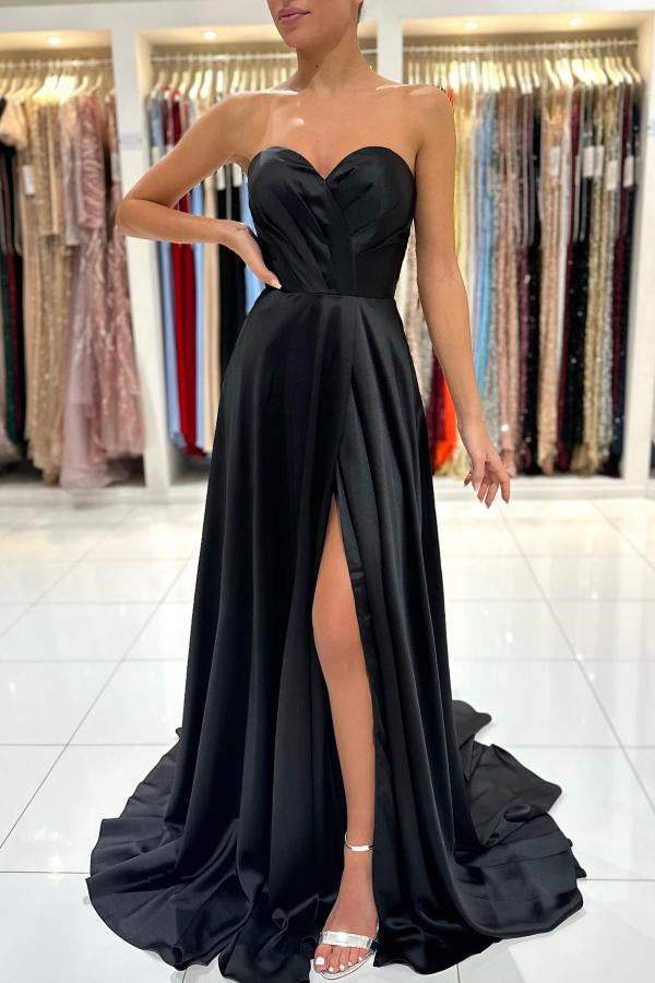 Chic Black Sweetheart Long Prom Dress with Split Zipper Back-BallBride