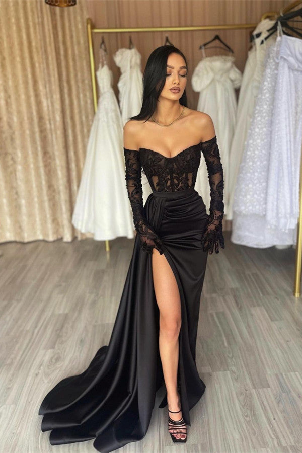 Chic Black Sweetheart Mermaid Prom Dress with Lace and Split-BallBride