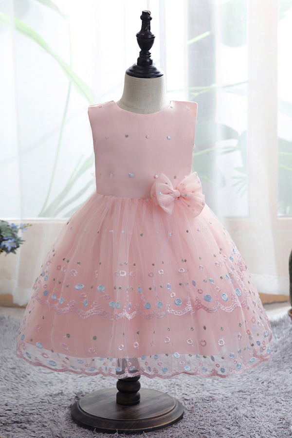 Chic Bow Scoop Sleeveless Tulle Flower Girl Dress Ball Gown for Weddings-BallBride