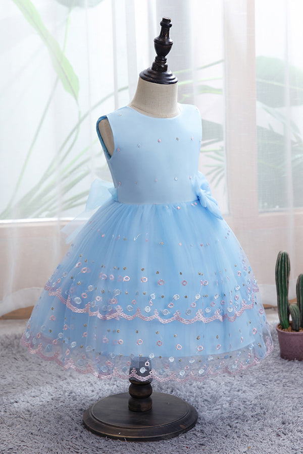 Chic Bow Scoop Sleeveless Tulle Flower Girl Dress Ball Gown for Weddings-BallBride