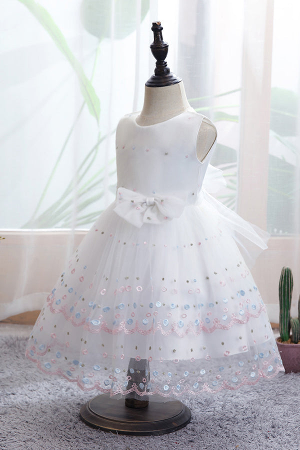 Chic Bow Scoop Sleeveless Tulle Flower Girl Dress Ball Gown for Weddings-BallBride