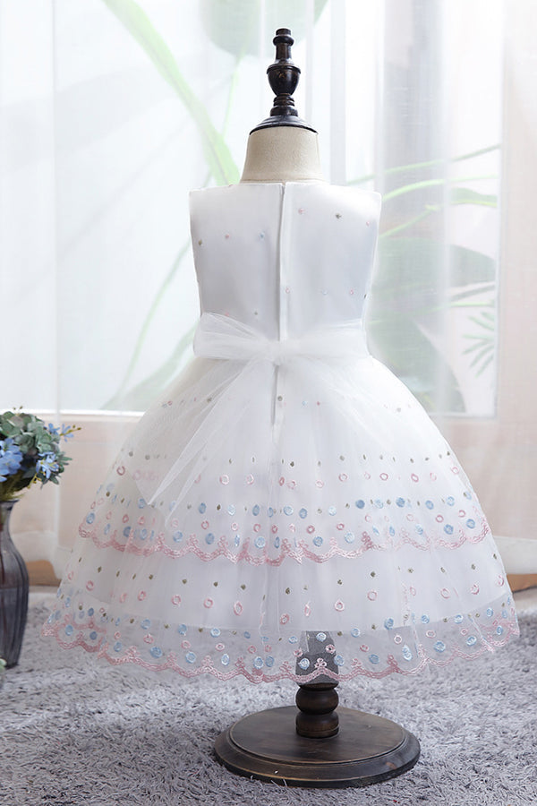 Chic Bow Scoop Sleeveless Tulle Flower Girl Dress Ball Gown for Weddings-BallBride