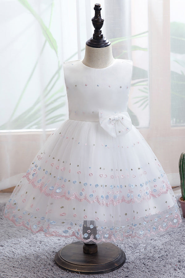 Chic Bow Scoop Sleeveless Tulle Flower Girl Dress Ball Gown for Weddings-BallBride