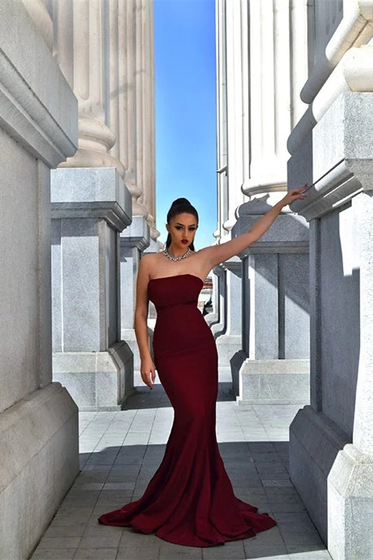 Chic Burgundy Strapless Mermaid Long Evening Prom Dress Online-BallBride
