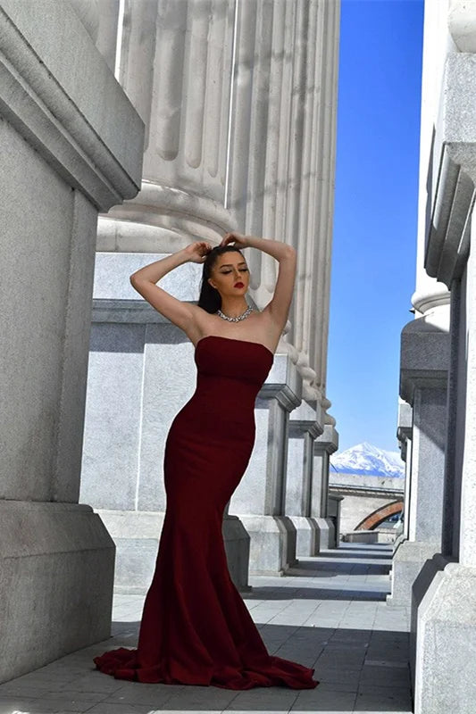 Chic Burgundy Strapless Mermaid Long Evening Prom Dress Online-BallBride