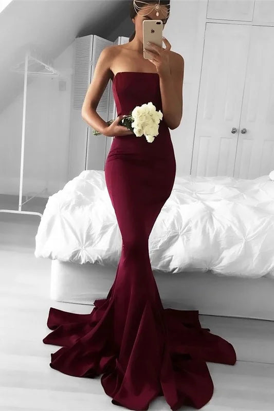 Chic Burgundy Strapless Mermaid Long Evening Prom Dress Online-BallBride