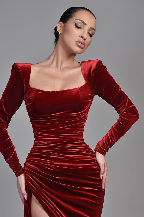 Chic Burgundy Velvet Mermaid Prom Dress with Square Long Sleeve Split-BallBride