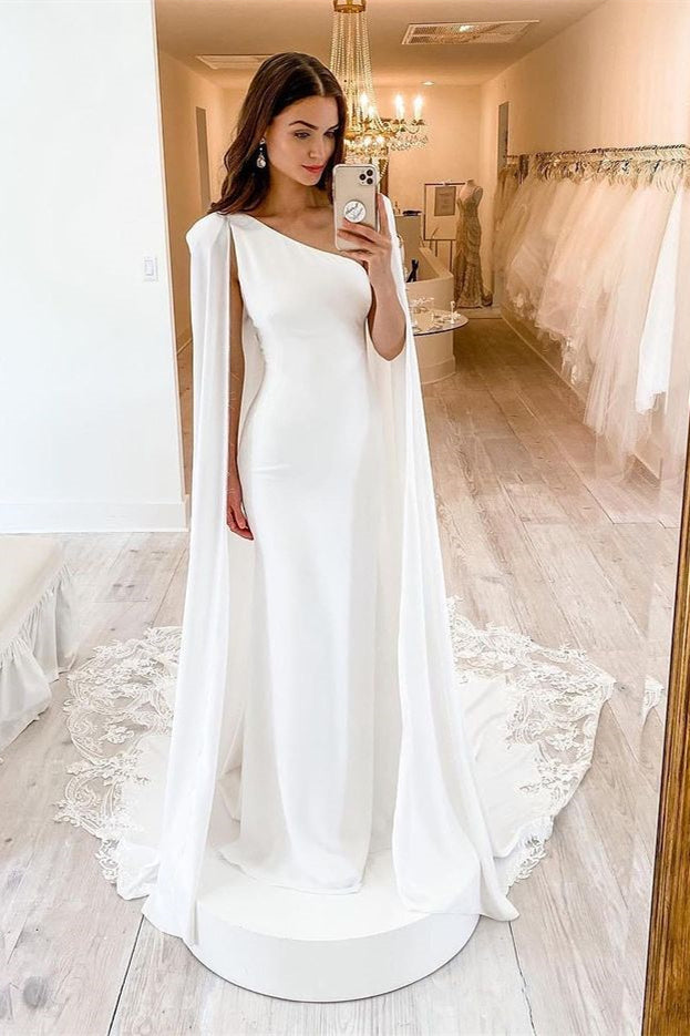 Chic Charmeuse One Shoulder Mermaid Wedding Dress With Lace Watteau-BallBride