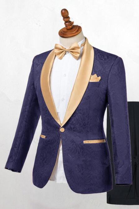 Chic Dark Blue Jacquard Wedding Suit With Shawl Lapel For Men-BallBride