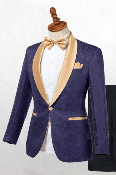 Chic Dark Blue Jacquard Wedding Suit With Shawl Lapel For Men-BallBride