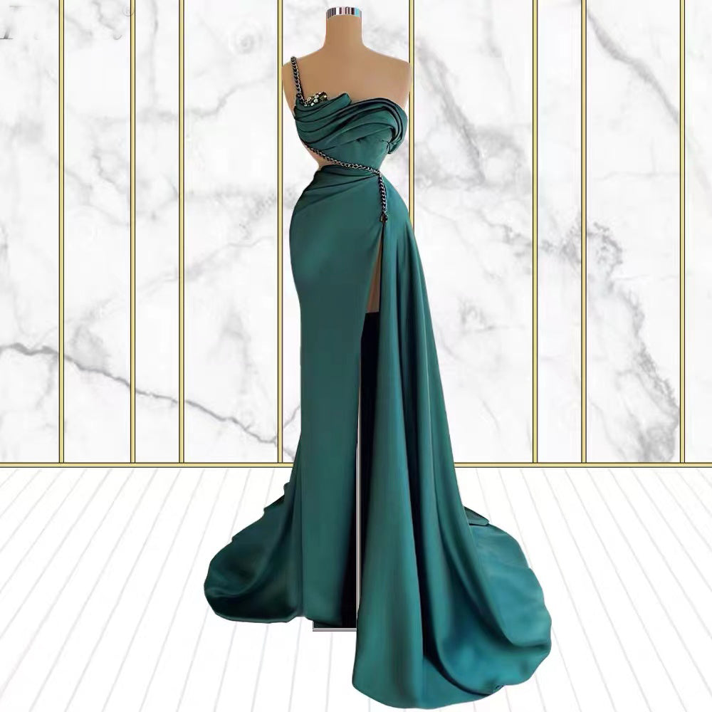 Chic Emerald Green One Shoulder Prom Dress with Mermaid Side Slit-BallBride