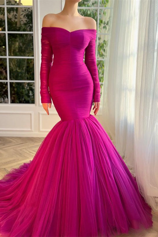 Chic Fuchsia Prom Dress with Off-the-Shoulder Tulle and Long Sleeves-BallBride