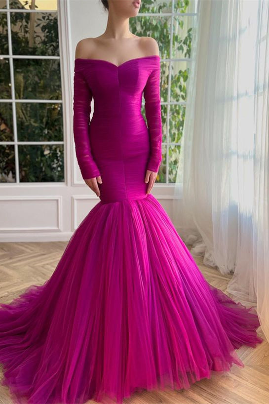 Chic Fuchsia Prom Dress with Off-the-Shoulder Tulle and Long Sleeves-BallBride