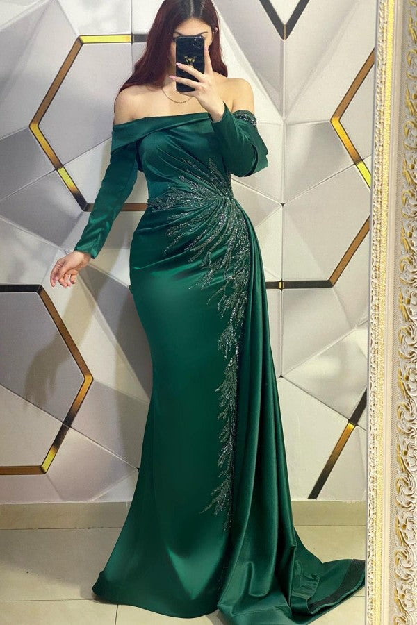 Chic Green Off-The-Shoulder Mermaid Prom Dress with Beadings-BallBride