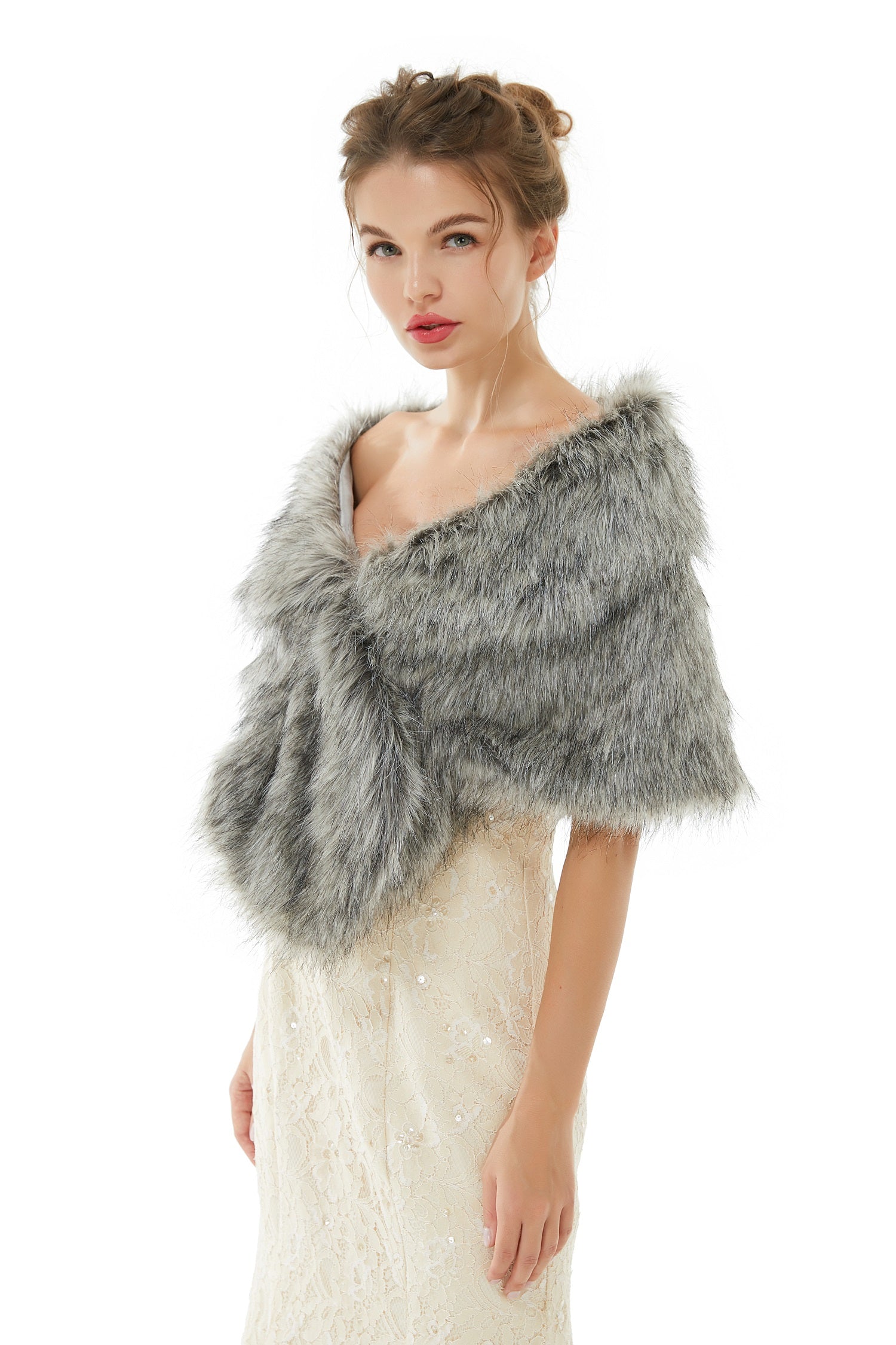 Chic Grey Faux Fur Bridal Shawl for Weddings-BallBride