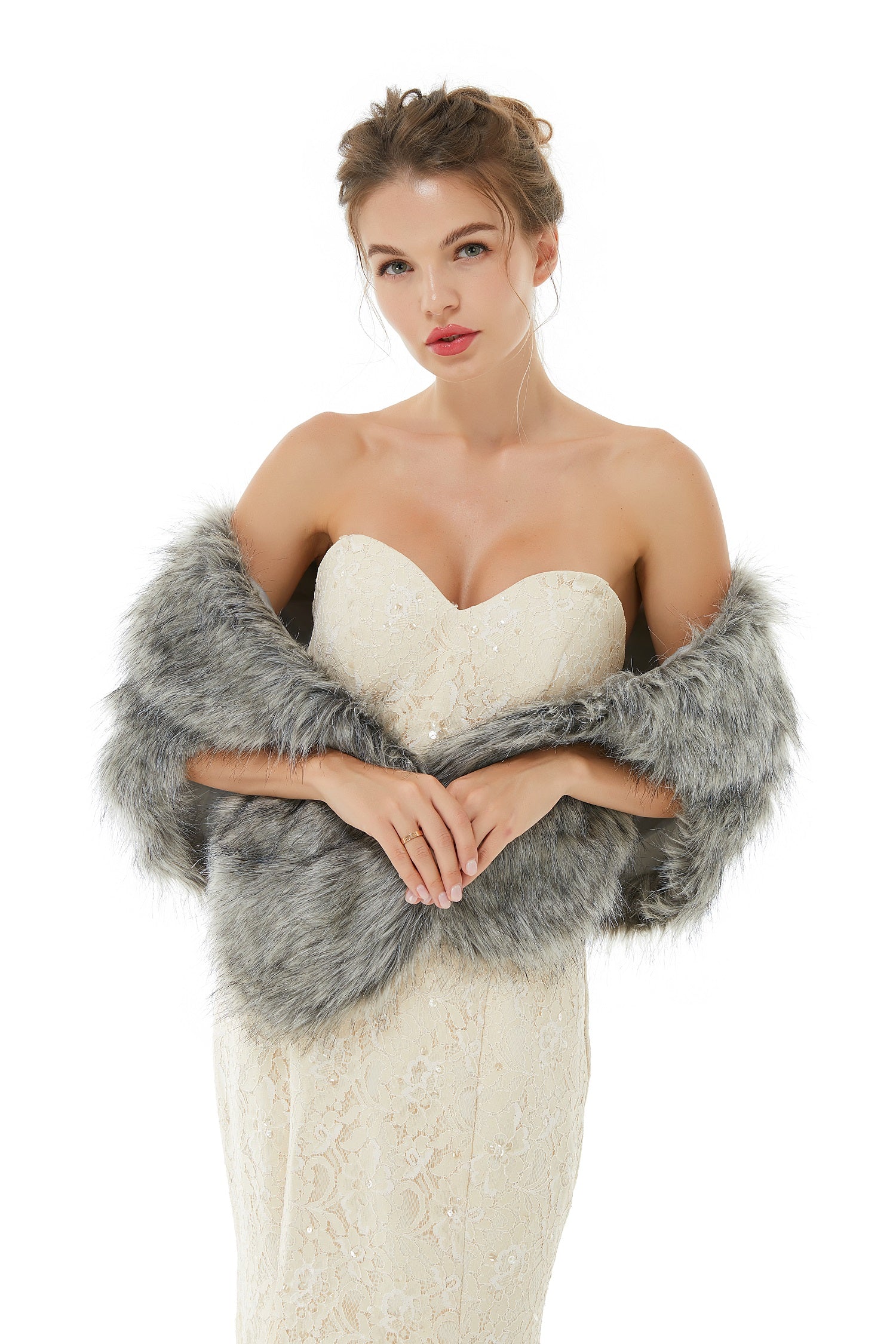 Chic Grey Faux Fur Bridal Shawl for Weddings-BallBride