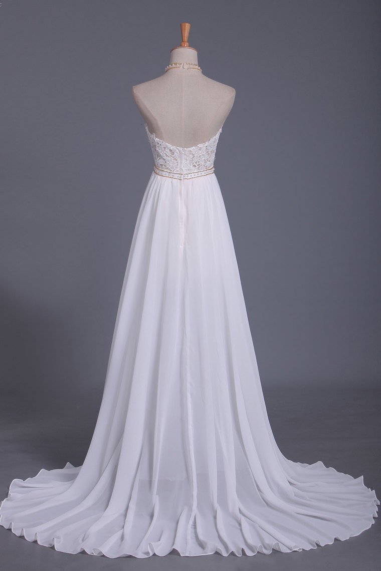 Chic Halter Backless Chiffon A-Line Floor-length Wedding Dress With Ruffles and Pearl Lace-BallBride