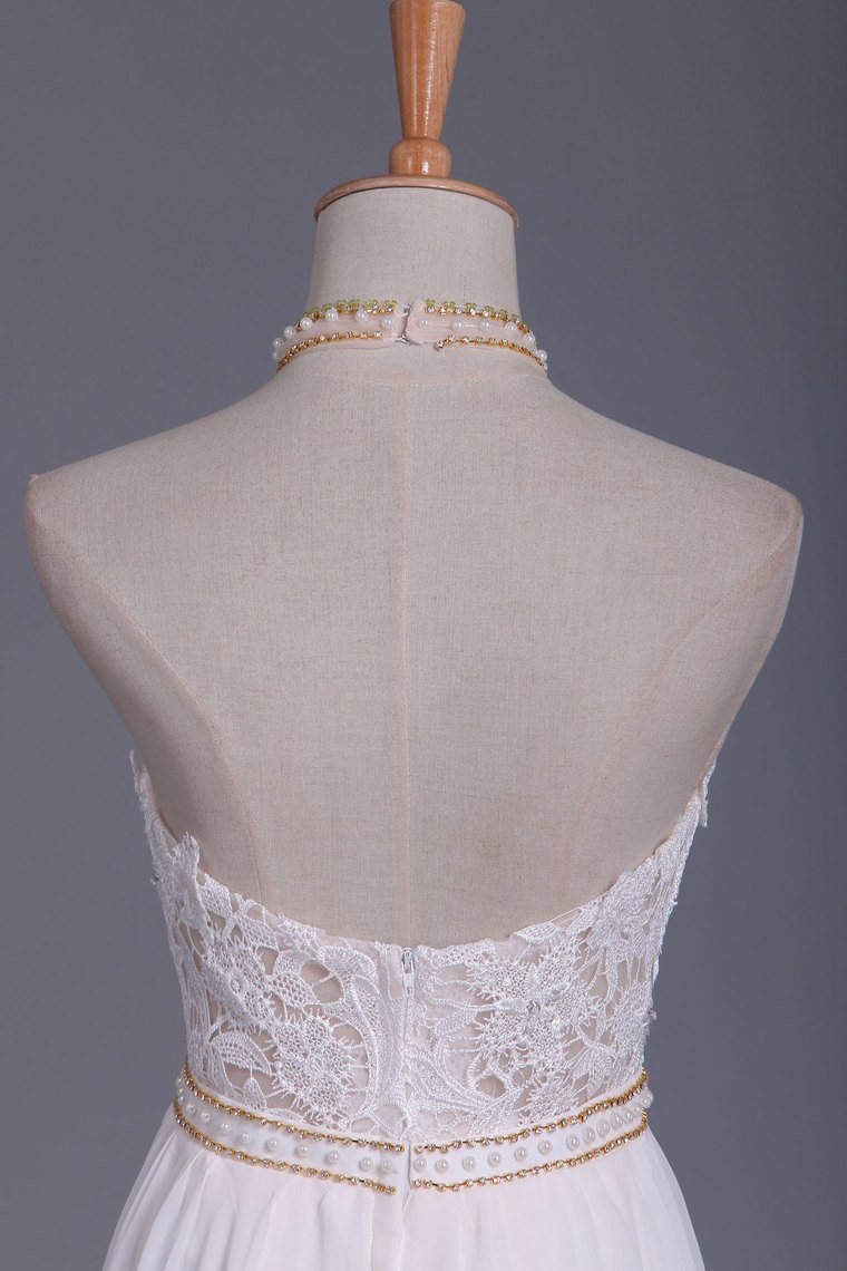Chic Halter Backless Chiffon A-Line Floor-length Wedding Dress With Ruffles and Pearl Lace-BallBride