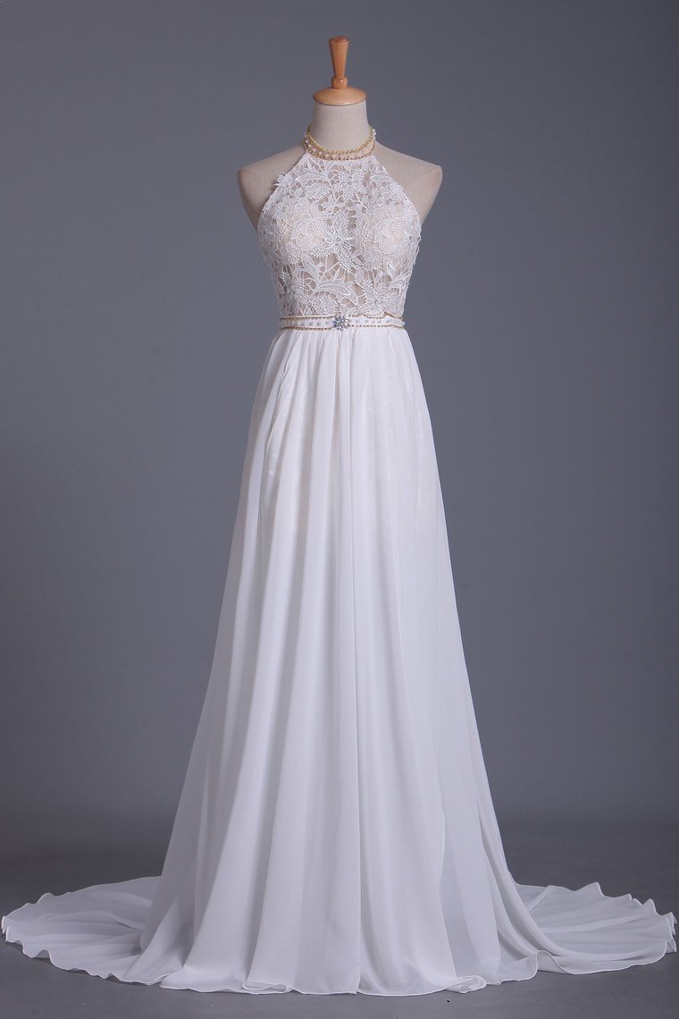 Chic Halter Backless Chiffon A-Line Floor-length Wedding Dress With Ruffles and Pearl Lace-BallBride