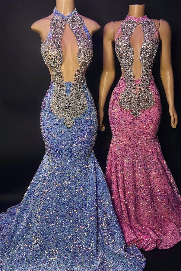 Chic Halter Sleeveless Sequins Mermaid Prom Dress with Crystal-BallBride