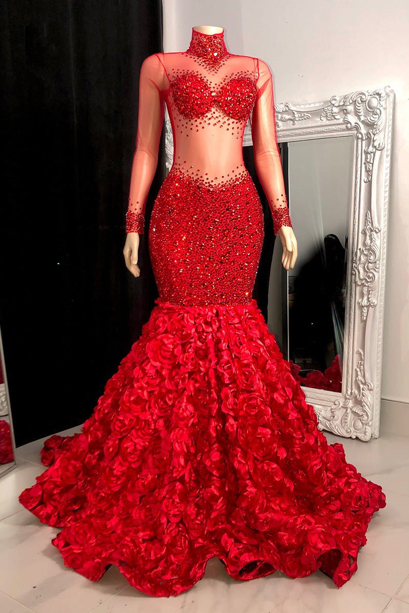 Chic High Neck Mermaid Prom Dress with Flowers & Beads-BallBride